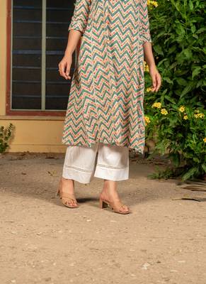 Yellow blue hand block printed cotton slub kurta with pants 4