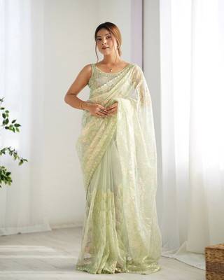 Pista mono net bollywood saree with designer sequins work 1