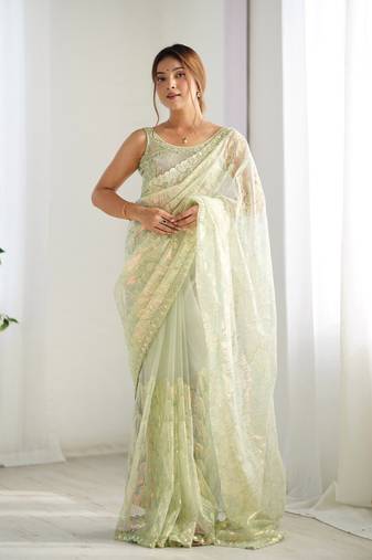 Pista mono net bollywood saree with designer sequins work