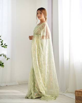 Pista mono net bollywood saree with designer sequins work 3