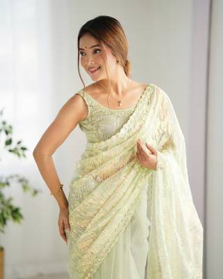 Pista mono net bollywood saree with designer sequins work 4