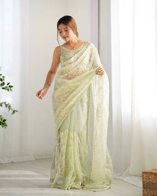 Pista mono net bollywood saree with designer sequins work 5