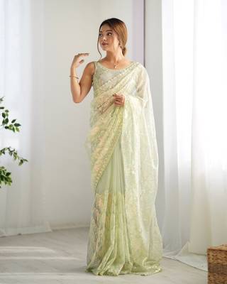 Pista mono net bollywood saree with designer sequins work 6