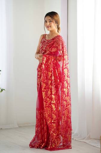 Pink mono net bollywood saree with designer sequins work