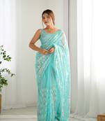 Sky blue mono net bollywood saree with designer sequins work