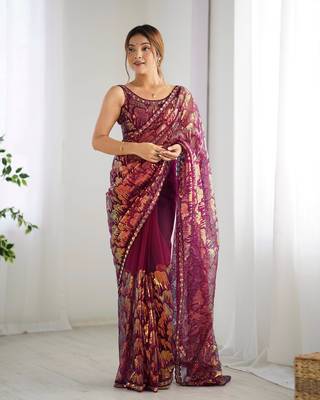 Wine mono net saree with sequins work 1