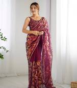 Wine mono net bollywood saree with sequins work