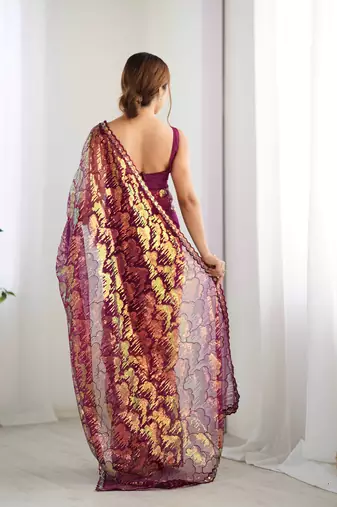 Wine mono net saree with sequins work