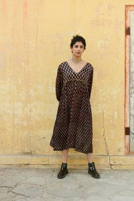 Black red hand block printed modal satin dress 1