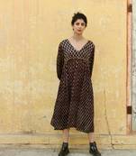 Black red hand block printed modal satin dress