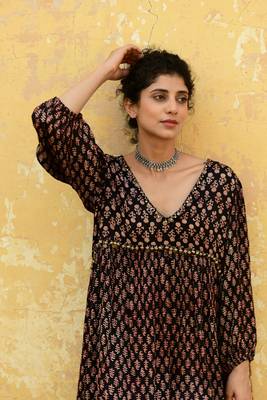 Black red hand block printed modal satin dress 3