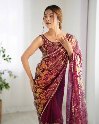 Wine mono net saree with sequins work 4
