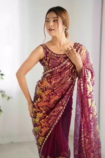 Wine mono net saree with sequins work