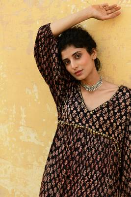 Black red hand block printed modal satin dress 4