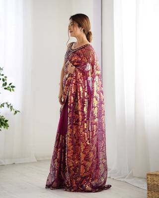 Wine mono net saree with sequins work 5