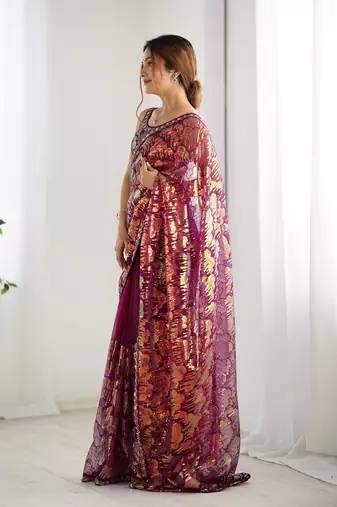 Wine mono net saree with sequins work