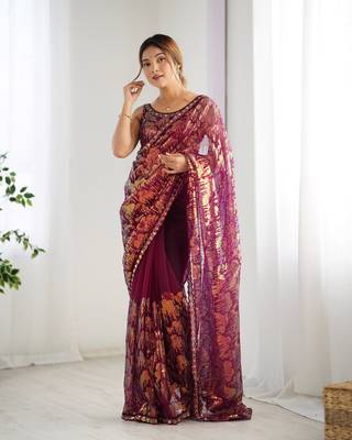 Wine mono net saree with sequins work 6