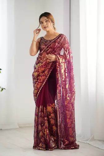 Wine mono net saree with sequins work