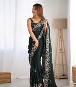 Green satin chiffon c designer thread and sequins work partywear saree