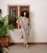 Beige hand block printed cotton slub kurta with pants - set of 2