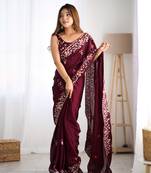 Wine satin chiffon c designer thread and sequins work partywear saree