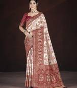 Maroon color banarasi silk weaving jari, multi thread work,motif, crystal hand work