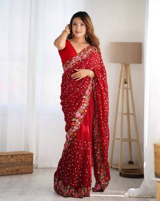 Maroon georgette c sequins work embroidery saree 1