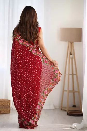 Maroon georgette c sequins work embroidery saree