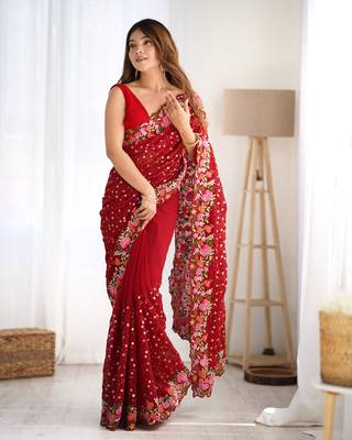 Maroon georgette c sequins work embroidery saree 5