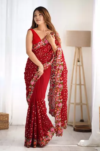 Maroon georgette c sequins work embroidery saree