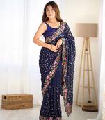 Blue georgette c designer sequins work embroidery saree