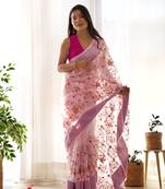Pink girlie organza saree with resham embroidery work