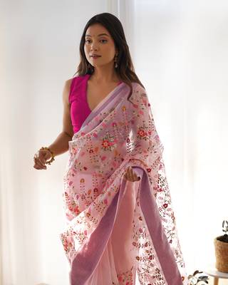 Pink girlie organza saree with resham embroidery work 3