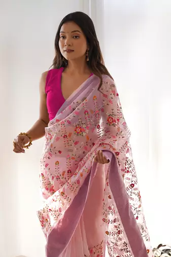Pink girlie organza saree with resham embroidery work
