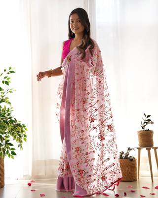 Pink girlie organza saree with resham embroidery work 4