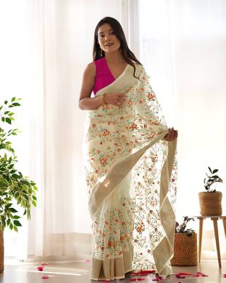 Yellow girlie organza saree with resham embroidery work 1