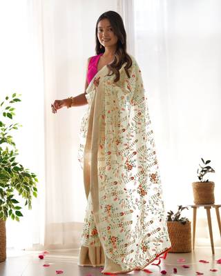 Yellow girlie organza saree with resham embroidery work 2