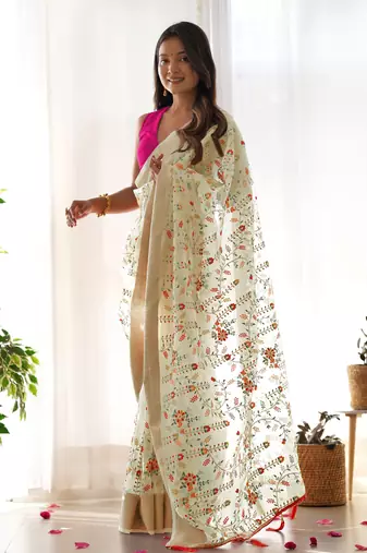 Yellow girlie organza saree with resham embroidery work