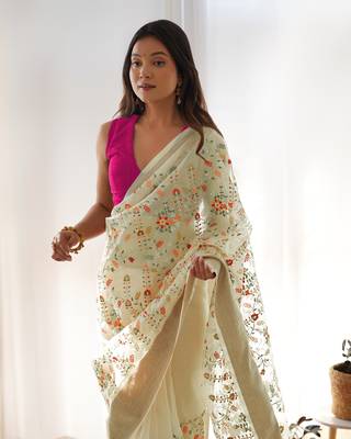 Yellow girlie organza saree with resham embroidery work 3