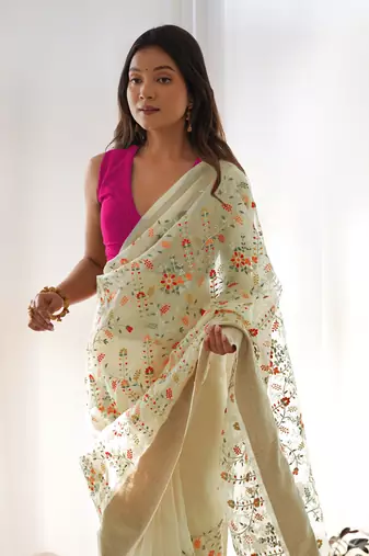Yellow girlie organza saree with resham embroidery work
