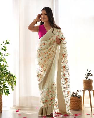 Yellow girlie organza saree with resham embroidery work 4