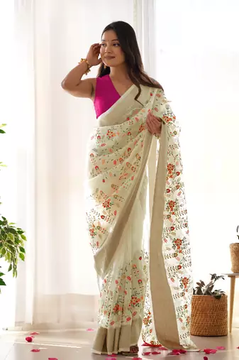 Yellow girlie organza saree with resham embroidery work