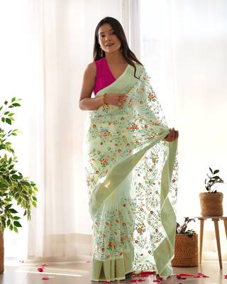 Pista girlie organza saree with resham embroidery work 1