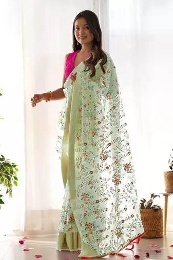 Pista girlie organza saree with resham embroidery work