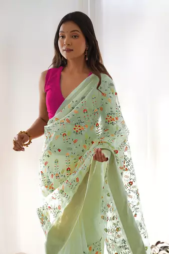 Pista girlie organza saree with resham embroidery work