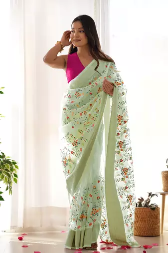 Pista girlie organza saree with resham embroidery work