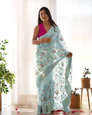 Grey girlie organza saree with resham embroidery work 1