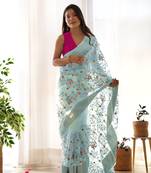 Grey girlie organza saree with resham embroidery work
