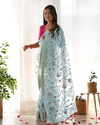 Grey girlie organza saree with resham embroidery work 2