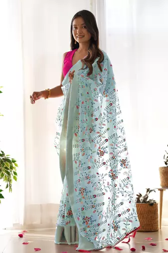 Grey girlie organza saree with resham embroidery work